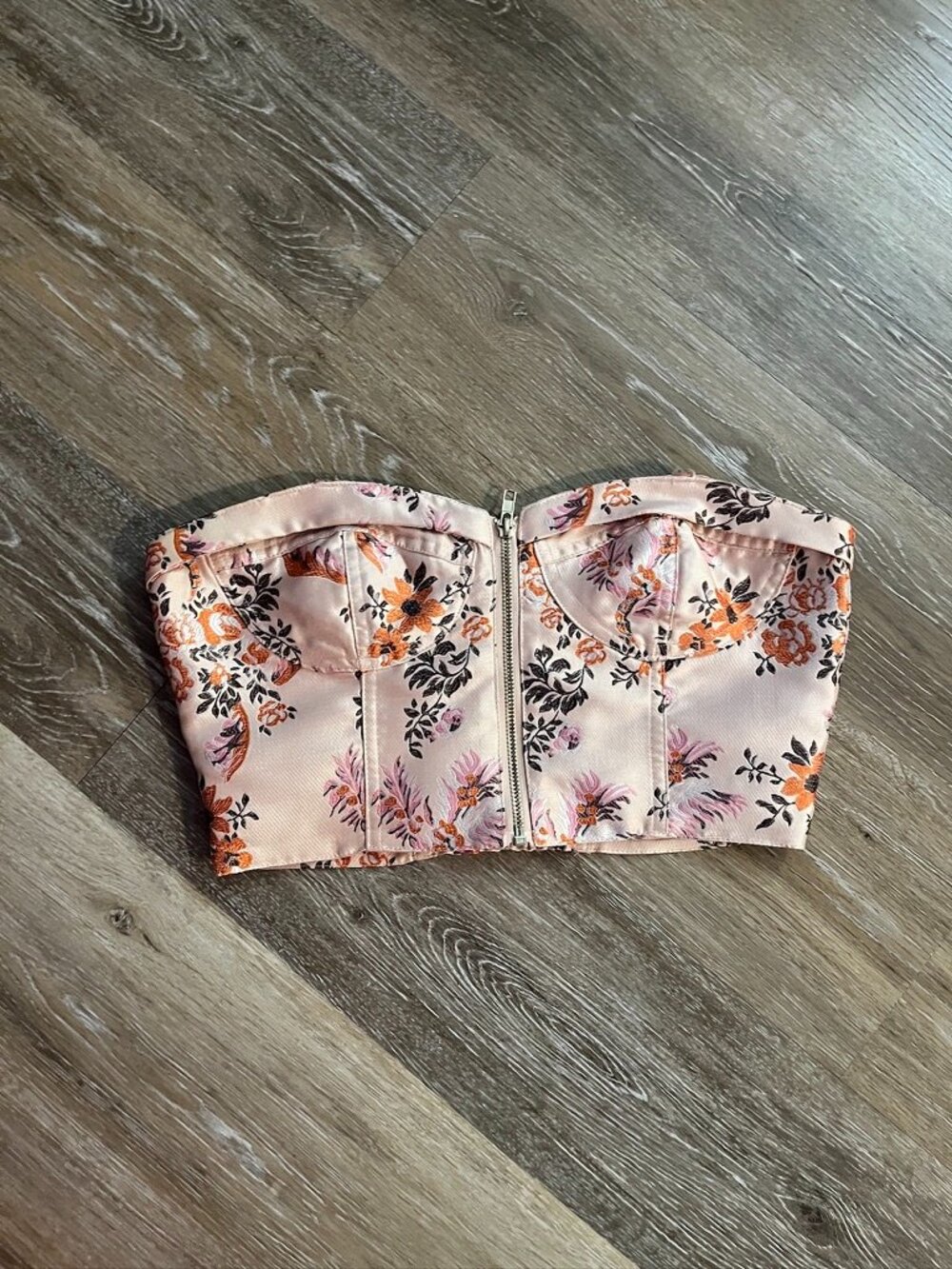 Pink Satin Floral Zip-up Corset Bustier Strapless Top